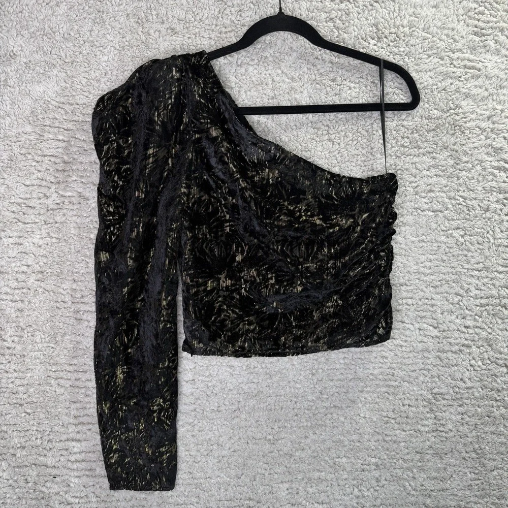 Express One Shoulder Black & Gold Metallic Ruched Crop Top Women's‎ Small Party